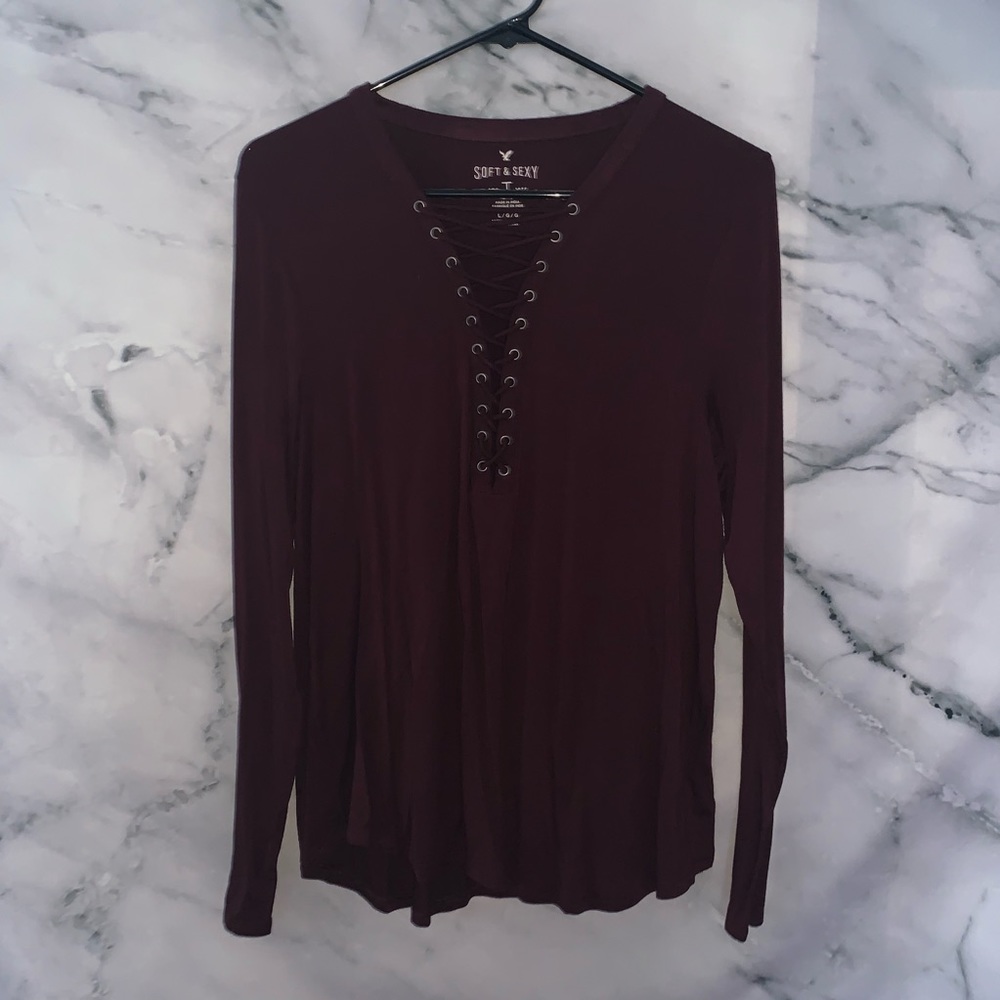 American Eagle Maroon Lace Up Top